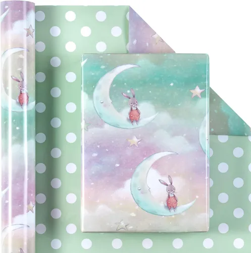 Miniatura 19 de RUSPEPA Rollo de papel de regalo reversible, rollo jumbo, conejo lunar y patrón de puntos para envoltura de regalos neutros de bebé, fiesta