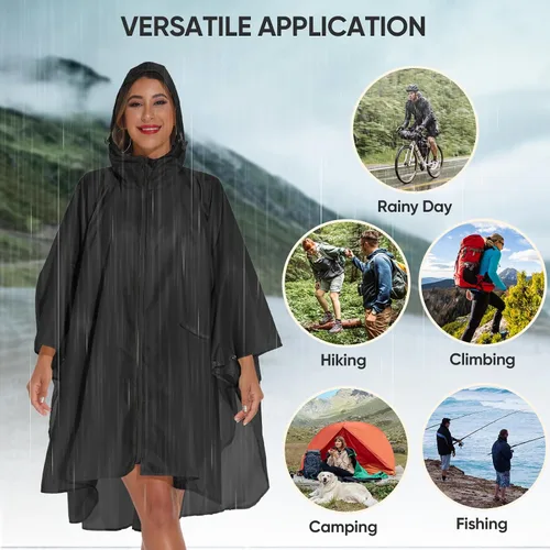 Miniatura 7 de PTEROMY Poncho de lluvia con capucha para adultos con bolsillo y cremallera, chubasquero impermeable ligero para hombres y mujeres