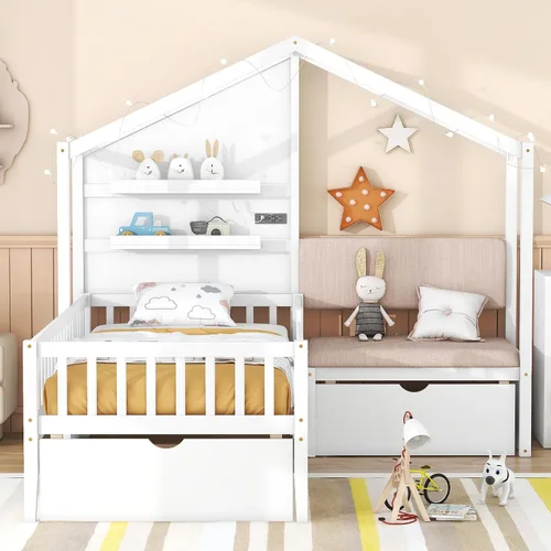 Miniatura 19 de RUNNA Marco de cama de madera de tamaño matrimonial con valla, para niños, adolescentes, niñas, niños, (Natural-Thinck 4col)
