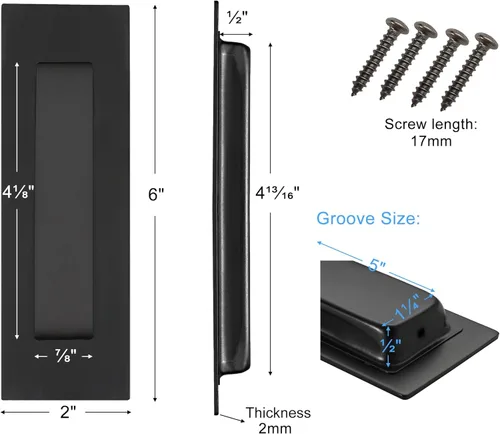 Miniatura 2 de Malimali Tiradores Empotrados al Ras para Dedos - Herrajes de Tirador de Puerta Rectangular de Acero Inoxidable Negro Mate de 6 Pulgadas