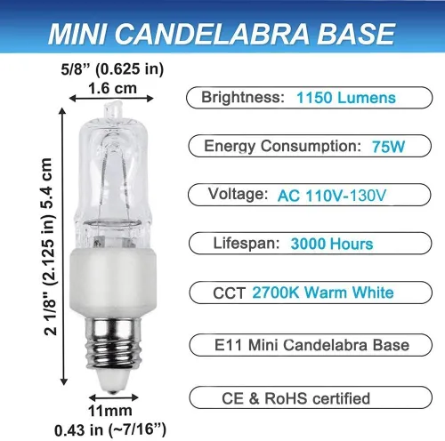 Miniatura 3 de VINACO Bombilla E11, bombillas halógenas JDE11 de 120 V 75 W, base de mini candelabro T4, alto rendimiento 1150 lm, blanco cálido 2700 K, regulable