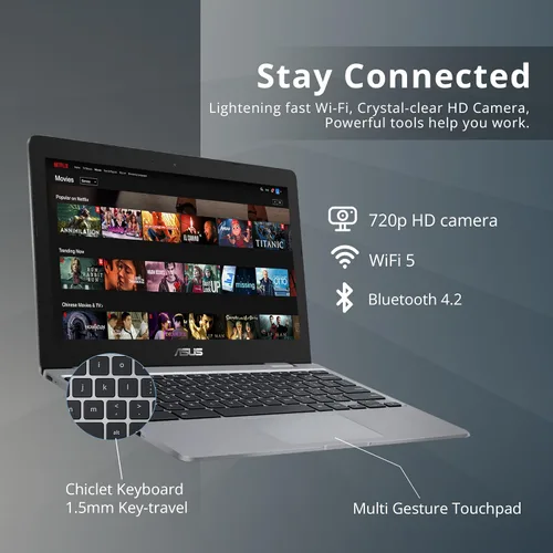 Miniatura 3 de ASUS Chromebook C223 - Laptop HD de 11.6 pulgadas, procesador Intel Celeron N3350, 4 GB de RAM, 32 GB eMMC, gráficos Intel UHD, cámara web 720P