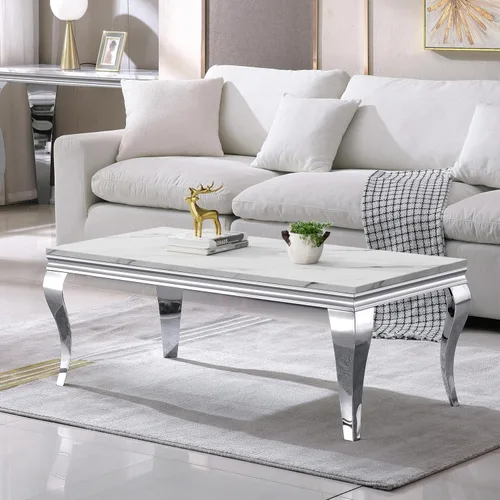 Miniatura 59 de SSLine Mesa de Centro Rectangular de Mármol Sintético para Sala de Estar, Mesa Central Moderna de Mármol Blanco de Lujo con Base Doble en Forma de U