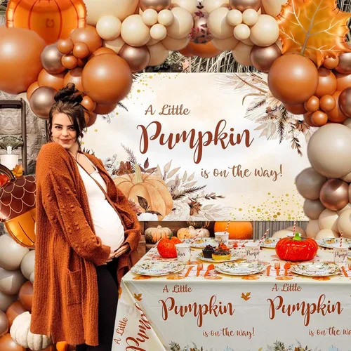 Miniatura 4 de MEHOFOND Telón de fondo de bebé bohemio de otoño, diseño de calabaza pequeña está en camino, fondo bohemio para fotografía de baby shower
