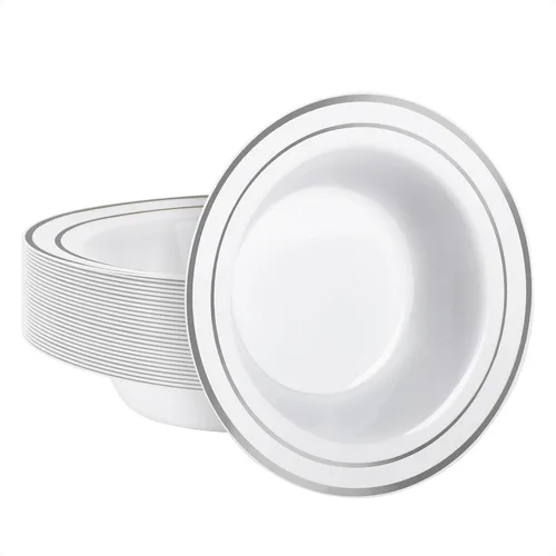 Miniatura 18 de Goodluck Paquete de 50 cuencos de plástico con borde rojo, cuencos de sopa desechables de 12 onzas, cuencos de postre resistentes para bodas