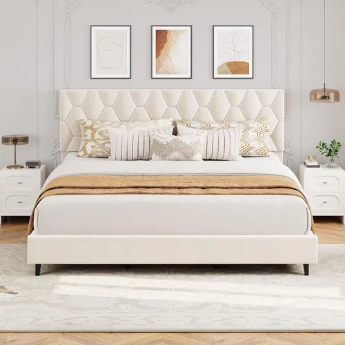 Miniatura 9 de GAOMON Base de cama individual XL beige con cabecera tapizada, base de cama de plataforma resistente con listones de madera fuertes, no necesita