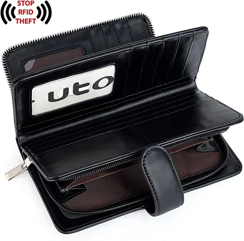 Miniatura 5 de UTO Cartera de cuero vegano para mujer, cartera larga con broche de presión, tarjetero de crédito, elegante embrague