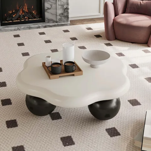 Miniatura 15 de Mesa de centro moderna de 35 pulgadas, con forma de pétalo, mesa de centro baja, linda mesa de té irregular para interiores con 3 patas de bola