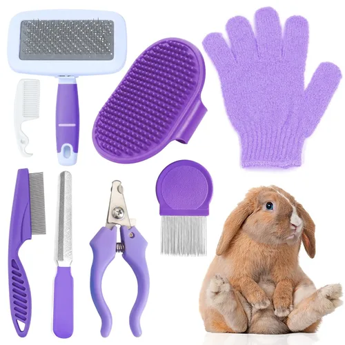 VCZONE Kit de aseo para animales pequeños de 8 piezas, kit de aseo para conejos con cortaúñas y lima para mascotas, peine antipulgas, cepillo de