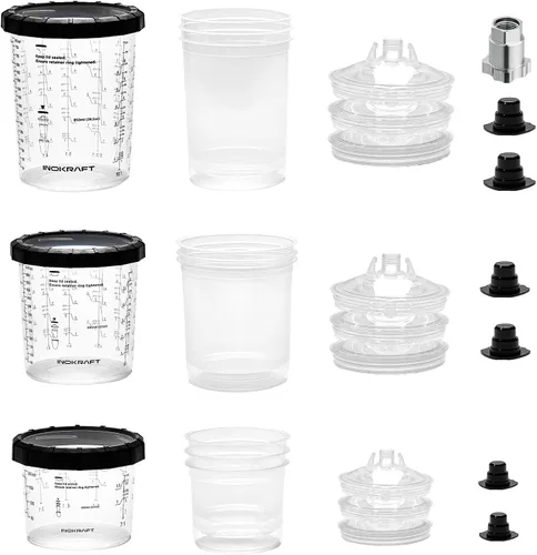 Miniatura 9 de InoKraft Copa para Pistola de Pintura Desechable, Kit Mini de 6 Onzas (180ml) con 6 Copas y Tapas, 1 Copa Rígida con Anillo Retenedor, 3 Tapones