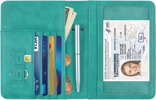 Miniatura 4 de HOTCOOL Funda de cuero con bloqueo RFID para pasaporte, funda de viaje para pasaporte, E Upgrade - A - Verde manzana, Correa elástica - Actualización