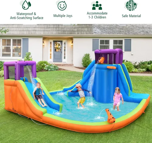 Miniatura 3 de BOUNTECH Parque acuático inflable de 15 x 14.5 pies, Mega tobogán acuático para niños al aire libre con toboganes dobles y escalada para diversión