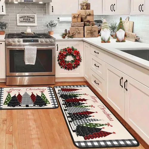 Miniatura 10 de Alfombras de cocina de cuadros de búfalo con gnomos de árbol negros, juego de 2, Merry Christmas, decoración de piso de perfil bajo para fiestas
