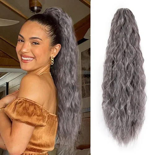 Miniatura 11 de YEAME Extensión de cola de caballo ondulada con clip de garra, cola de caballo de 22 pulgadas, pelo sintético castaño mezclado con rubio, cola