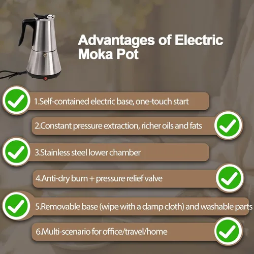 Miniatura 7 de Olla eléctrica de acero inoxidable para 6 tazas de 10.1 fl oz, cafetera expresa, cafetera portátil, cafetera italiana, clásica, Greca, Café, moca