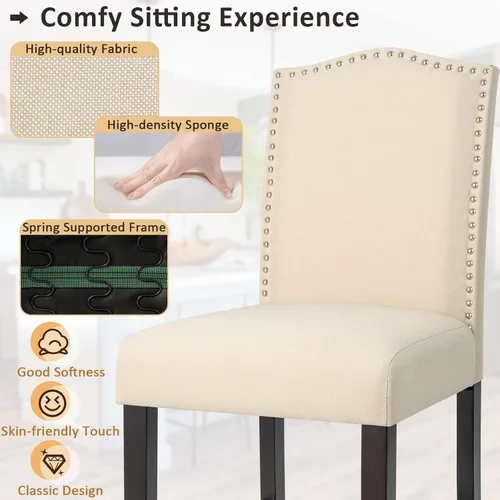 Miniatura 6 de COSTWAY Juego de 2 taburetes de bar, sillas tapizadas de lino con patas de madera de goma maciza, sillas de bar de madera para isla de cocina de 25