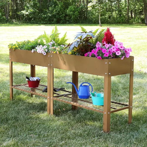 Miniatura 6 de Sunnydaze Cama de jardín elevada de acero galvanizado, juego de 2 jardineras elevadas, uso individual o conectado, cuenta con estante de Marrón