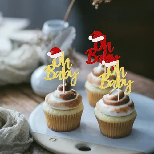 Miniatura 7 de Rsstarxi Paquete de 24 Adornos para Cupcakes Oh Baby de Navidad con Purpurina, Sombreros de Navidad, Palillos para Cupcakes de Baby Shower para Baby