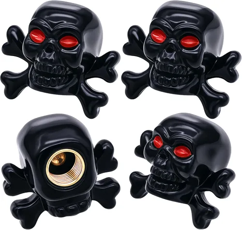 Miniatura 55 de 4 tapones de válvula de neumático estilo calavera, con anillo de goma O, cubiertas universales de vástago de válvula de neumático de núcleo de cobre
