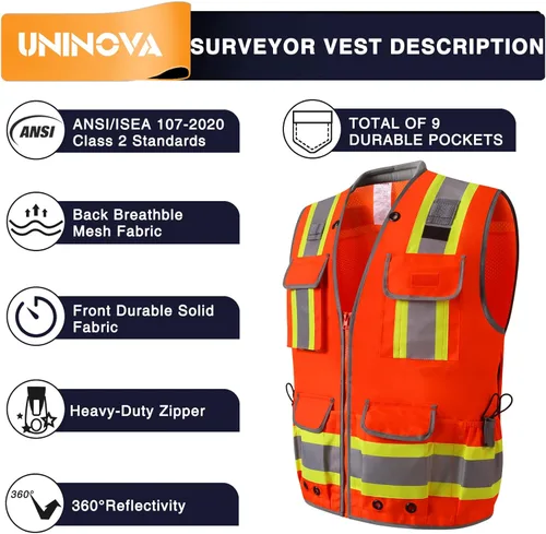 Miniatura 2 de Surveyor Safety Vest Reflective for Men,Class 2 Heavy Duty Safety Vests Reflective with Pockets and Zipper Naranja Sv55 (servicio pesado)