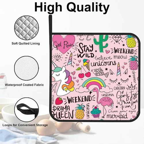 Miniatura 3 de Juego de 2 soportes para ollas de unicornio de flamenco rosa, resistentes al calor y antideslizantes, almohadillas calientes para horno de dibujo
