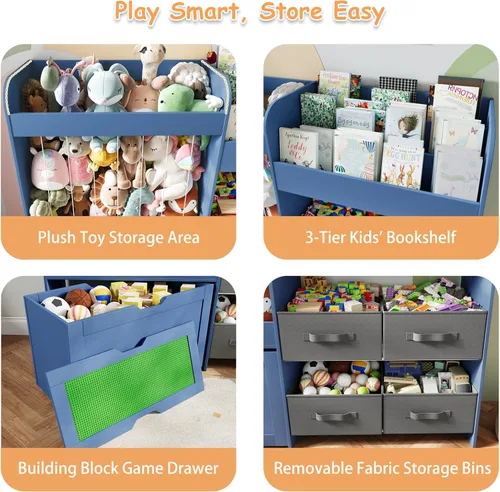 Miniatura 5 de Organizador grande de almacenamiento de juguetes de 51.1 pulgadas de ancho con almacenamiento de animales de peluche, estantería para niños con 4
