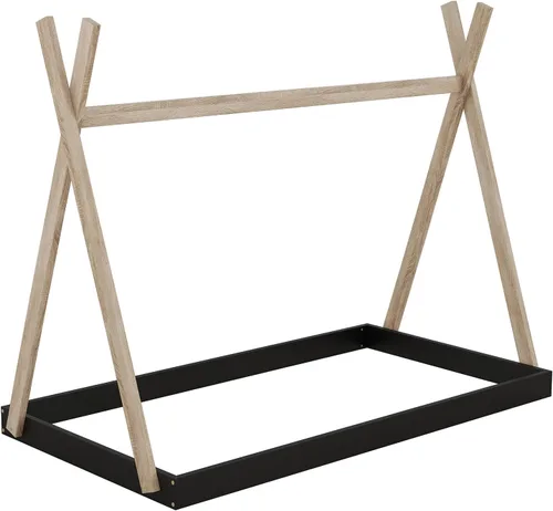 Miniatura 5 de Cama de madera con dosel de casa de tamaño individual con valla triangular, base de cama individual para dormitorio, niños, niñas, adolescentes