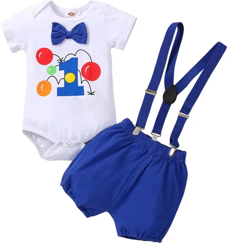 Miniatura 25 de IDOPIP Traje formal para bebé niño para el primer cumpleaños de Cake Smash con corbatín y tirantes y pantalones cortos para sesión de fotos