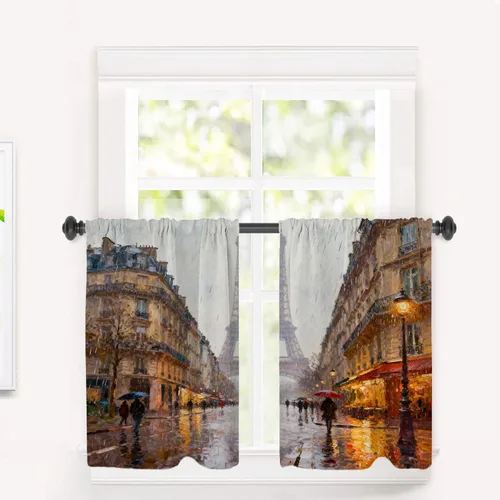 Miniatura 12 de Cortinas opacas de cocina con pintura al óleo de Europa rosa y negra para ventanas, cenefas opacas modernas de torre Eiffel de poliéster multicapa