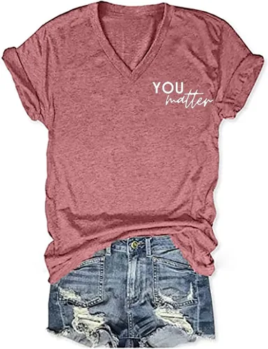 Miniatura 2 de Camiseta con texto en inglés "You Matter to The Person Behind Me" para mujer, camiseta casual de manga corta con cuello en V, camiseta inspiradora