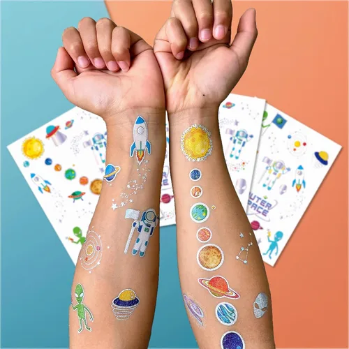 Miniatura 2 de PapaKit Outer Space - Juego de tatuajes falsos temporales, 4 hojas de 38 estilos con lámina plateada metálica, suministros de regalo de fiesta