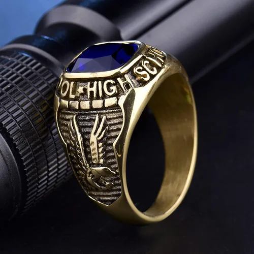 Miniatura 4 de MASOP Royal Blue Sapphire Color Anillo Acero Inoxidable Hombres Joyería Celebrar la Escuela Secundaria Anillos Tamaño 8-15