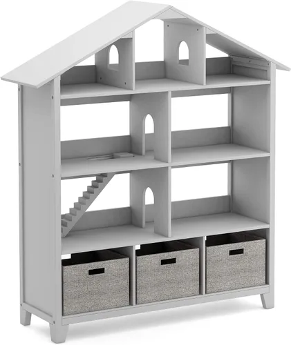 Miniatura 4 de Martha Stewart Librería de casa de muñecas de lujo para niños - Gris: estantería de madera para niños y organizador alto para libros