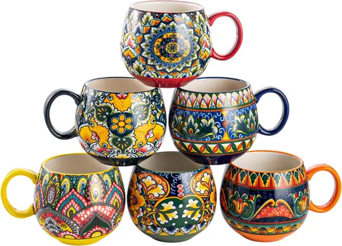 Miniatura 8 de Henten Home Juego de tazas de café de porcelana de 6 piezas, taza de café de 14 onzas colorida con mango, taza de cerámica boho para chocolate