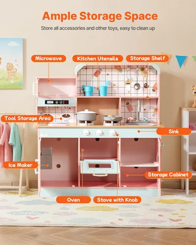 Miniatura 5 de VEVOR Cocina de Juguete de Madera, Cocina de Juego para Niños con Luces y Sonidos, Cocina Infantil con Máquina de Hielo, Horno, Fregadero, Rosa