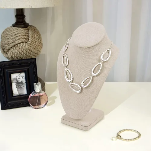 Miniatura 6 de MOOCA Cadena de madera cubierta de lino, soporte de exhibición de busto de joyería, collar de maniquí, collar de exhibición, collar de maniquí