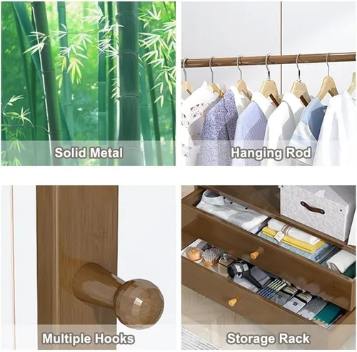 Miniatura 6 de Perchero independiente resistente, perchero de bambú con ruedas, ideal para almacenamiento de ropa de dormitorio