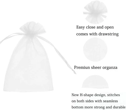 Miniatura 2 de 50 bolsas para envolver regalo de 5 x 7 pulgadas, tela de tul transparente de organza, bolsa de cordón blanco para baby shower, fiesta