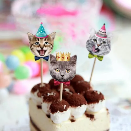 Miniatura 4 de TSJ 24 adornos para cupcakes de gatos, caras de gatos, decoración temática de gatitos, palillos de dientes para fiestas, baby shower