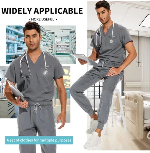 Miniatura 5 de VIAOLI Conjunto de ropa quirúrgica para hombre con cuello en V y pantalón deportivo de 8 bolsillos para enfermería, conjuntos de uniformes médicos