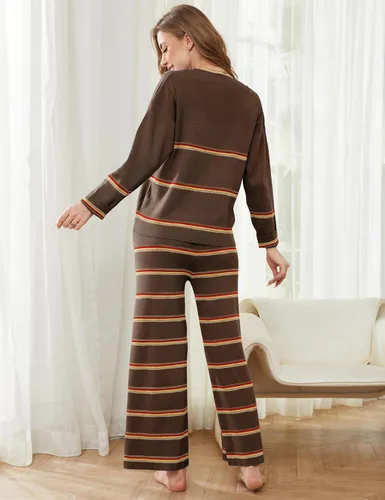 Miniatura 4 de SCUSTY Conjunto de 2 piezas para mujer, suéteres de rayas de otoño de gran tamaño, ropa de descanso, suéter de manga larga de punto acogedor