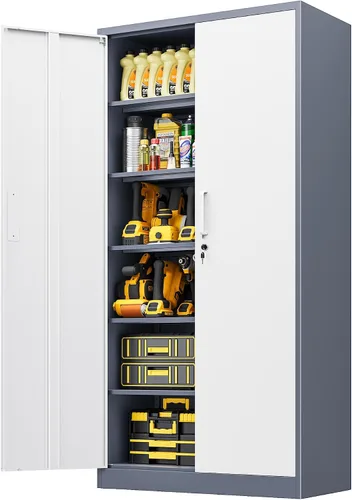 Miniatura 11 de Armario de almacenamiento de metal con 2 puertas y estantes ajustables, armario de metal ancho, gabinete de almacenamiento bajo, gabinete de acento