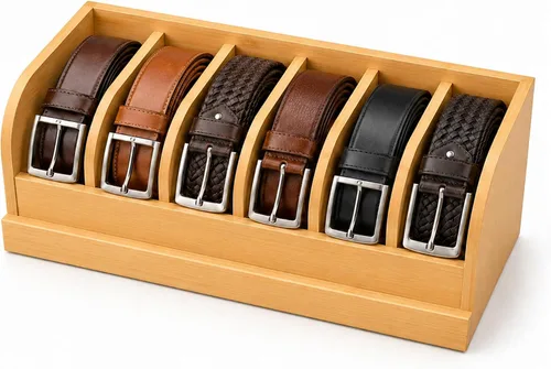 Miniatura 8 de Caja Organizadora de Cinturones de Madera de Acacia MinBoo, Estante de Cinturones de 6 Rejillas para Clóset y Cajón, Organizador y Expositor