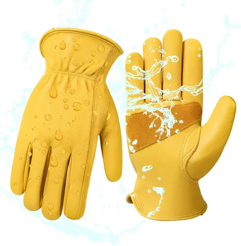 Miniatura 8 de DULFINE Cowhide Leather Work Gloves for Men & Women, Reinforced Durable Gardening Gloves, Puncture & Cut Resistant Dorado - Clásico