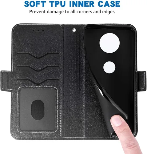 Miniatura 4 de Funda para teléfono Moto Z4 Folio Flip Funda tipo cartera, de piel sintética, ranuras para tarjetas de crédito, protección de cuerpo completo, Negro