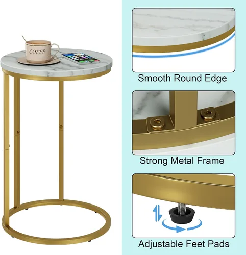 Miniatura 7 de Function Home Mesa auxiliar de mesa C, mesa auxiliar de sofá en forma de C de mármol, mesas de sofá que se deslizan por debajo, mesa decorativa