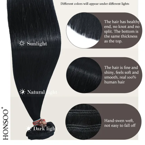 Miniatura 4 de Honsoo - Extensiones de cabello humano 100 % Remy con pinza, 7 unidades de 2.47 oz y 12 pulgadas, color negro azabache, corto y suave, sin costuras