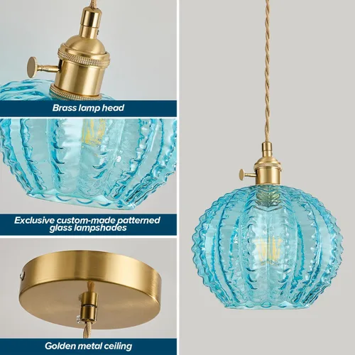 Miniatura 4 de Lámpara colgante vintage de 7.9 pulgadas, 1 luz, luces colgantes para isla de cocina con vidrio soplado a mano de cobre azul, pequeña lámpara