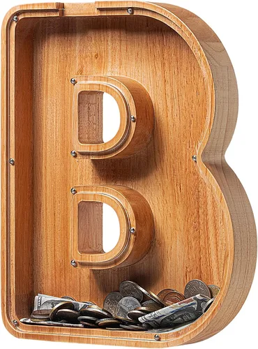 Miniatura 86 de Alcancía para niños y niñas, alcancía grande de madera personalizada con diseño recortado, bancos de monedas con letras del alfabeto, caja de ahorro