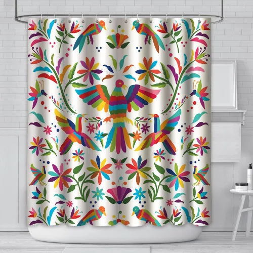Miniatura 7 de MEHOFOND Cortina de ducha estilo otomí de 72 x 72 pulgadas para baño, estilo mexicano, tradicional, mexicano, pájaro azul, rojo y negro, tela